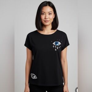 Stradivarius Black Tee with Eye Embellishments, 100% cotton, USA size small